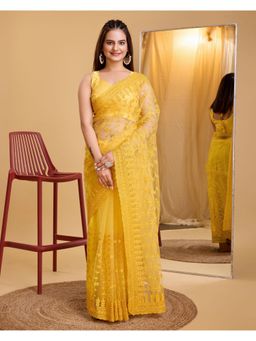 VAIRAGEE - Yellow Soft Net Embroidery Saree with Unstitched Blouse