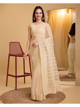 VAIRAGEE - Beige Soft Net Embroidery Saree with Unstitched Blouse