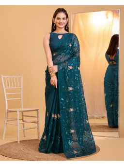 VAIRAGEE - Teal Soft Organza Embellished Saree with Unstitched Blouse