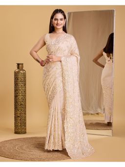 VAIRAGEE - Beige Soft Organza Embellished Saree with Unstitched Blouse