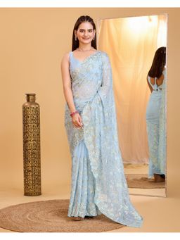 VAIRAGEE - Blue Soft Organza Embellished Saree with Unstitched Blouse