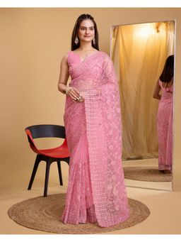 VAIRAGEE - Pink Soft Net Embroidery Saree with Unstitched Blouse