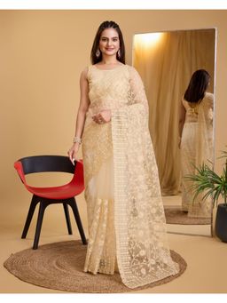 VAIRAGEE - Beige Soft Net Embroidery Saree with Unstitched Blouse
