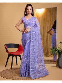 VAIRAGEE - Purple Soft Net Embroidery Saree with Unstitched Blouse