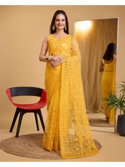 VAIRAGEE - Yellow Soft Net Embroidery Saree with Unstitched Blouse