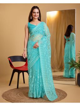 VAIRAGEE - Blue Soft Net Embroidery Saree with Unstitched Blouse