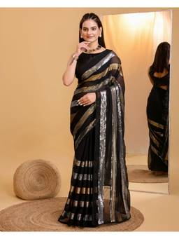 VAIRAGEE - Black Soft Georgette Embellished Saree with Unstitched Blouse