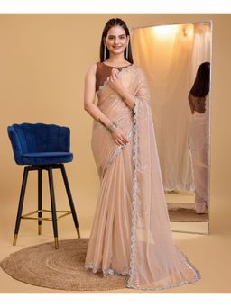 VAIRAGEE - Beige Soft Burberry Silk Embellished Saree with Unstitched Blouse