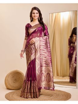 VAIRAGEE - Wine Soft Organza Weaving Silk Saree with Unstitched Blouse
