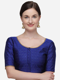 Amrutam Fab - Womens Jacquard Blue Phantom Silk Stiched Blouse With Round Neck