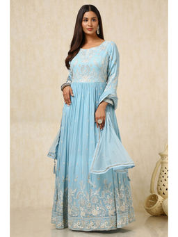 Soch - Womens Blue Georgette Embroidered Anarkali Kurta with Churidar and Dupatta (Set of 3)