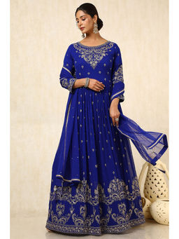Soch - Womens Blue Georgette Embroidered Anarkali Kurta with Churidar and Dupatta (Set of 3)