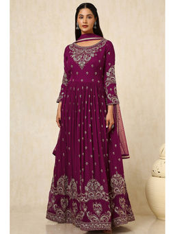 Soch - Womens Magenta Georgette Embroidered Anarkali Kurta with Churidar and Dupatta (Set of 3)