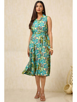 Soch - Womens Turquoise Blue Rayon Floral Print Dress with Belt (Set of 2)