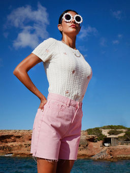 Madame - Floral Print White Knit Top