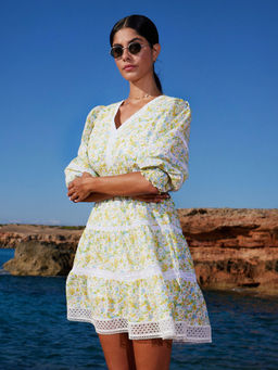 Madame - Green Fit and Flare Floral Print Short Dress