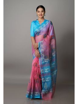 Unnati Silks - Pink Pure Block Printed Kota Cotton Saree with Unstitched Blouse