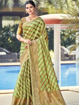 Odette - Green Colour Organza Saree with Unstitched Blouse