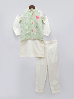 Fayon Kids - Green Gotta Embroidery Jacket and Off White Kurta with Pants (Set of 3)