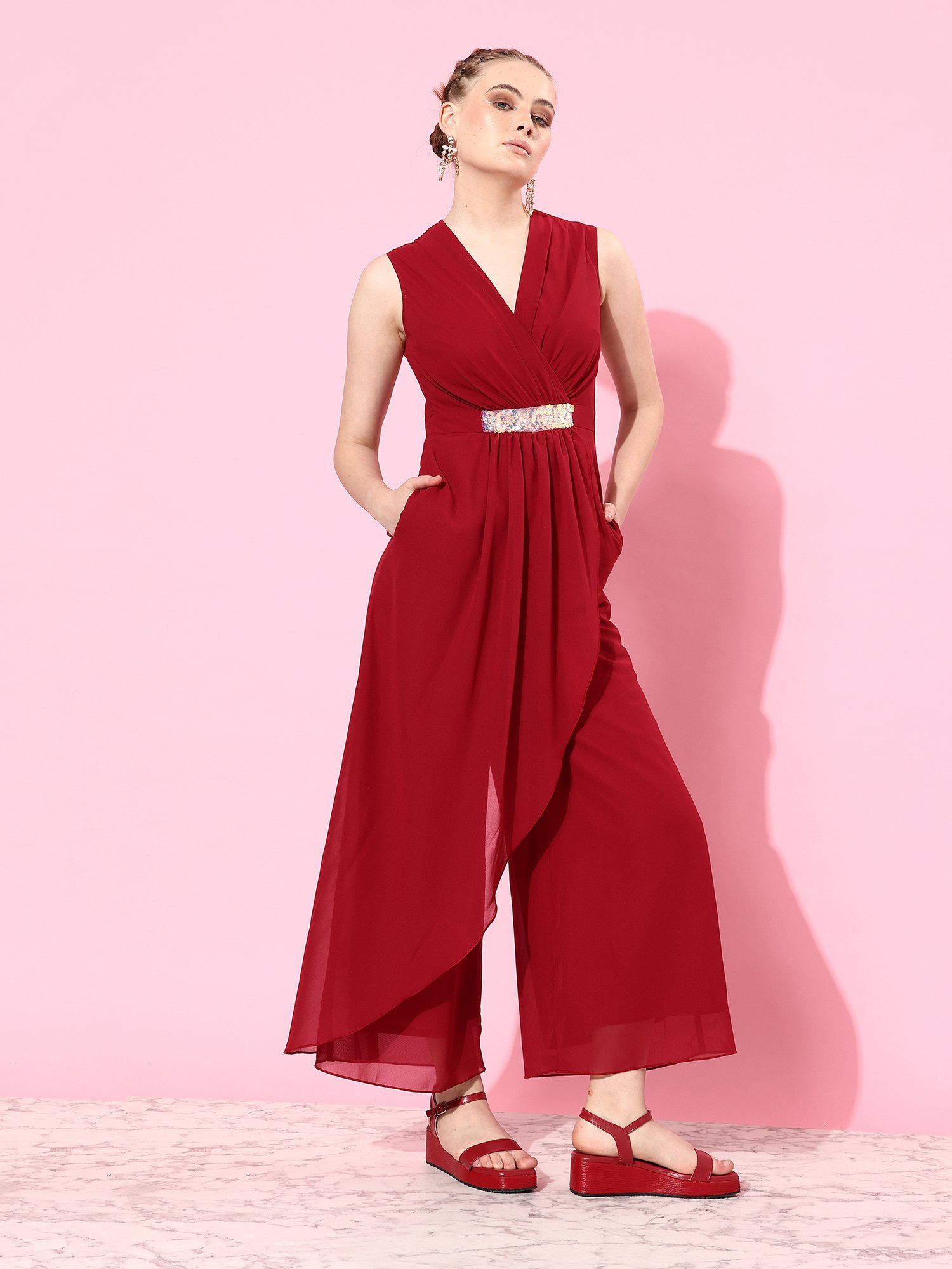 miss chase Women's Maroon V-Neck Sleeveless Embellished Wrap Regular Length Jumpsuit-picture-14