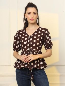 Yufta - Cotton Polka Dot Brown Tie Up Peplum Tunic