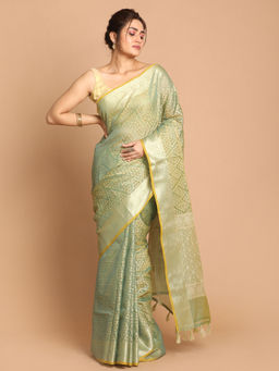 Indethnic - Banarasi Green Woven Design Daily Wear Saree With Unstitched Blouse