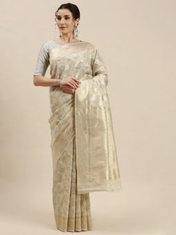 Sangam Prints - Cream Linen Woven Work Saree with Unstitched Blouse with Unstitched