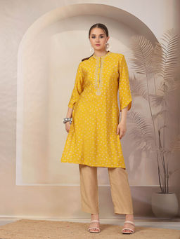 Nayam by lakshita - Yellow Embroidered Printed A-Line Kurta and Pant (Set of 2)