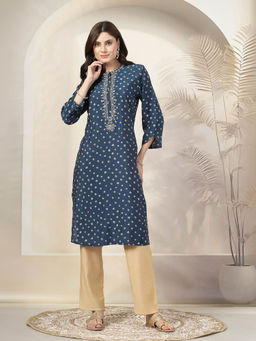 Nayam by lakshita - Navy Blue Embroidered Printed A-Line Kurta and Pant (Set of 2)