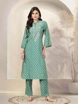 Nayam by lakshita - Green Printed Embroidered A-Line Kurta and Pant (Set of 2)