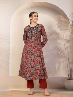 Nayam by lakshita - Red Ethnic Printed Anarkali Kurta and Pant (Set of 2)