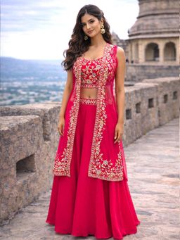 MABISH LUXE - Embroidered Blouse with Palazzo and Cape In Red