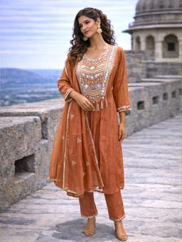 MABISH LUXE - Mirror Work Chanderi Kurta with Pant and Dupatta