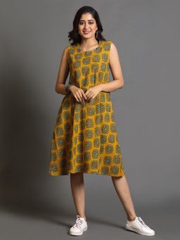 EARTHWEAR - Mustard Ajrakh Hand Block Printed Hand Embroidered Bias Dress