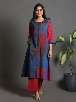 EARTHWEAR - Red Checks Hand Embroidered Handloom Cotton Kurta and Red Flared Pants