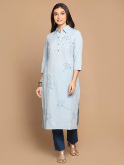 EARTHWEAR - Blue Hand Embroidered Cotton Kurta