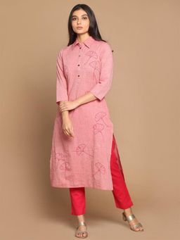 EARTHWEAR - Red Hand Embroidered Cotton Kurta