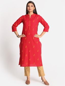 EARTHWEAR - Red Hand Embroidered Cotton Straight Cut Kurta