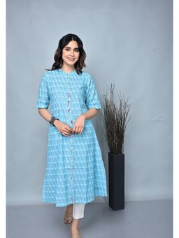 EARTHWEAR - Turquoise Floral Printed Cotton Kurta