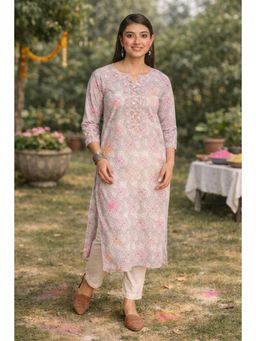 EARTHWEAR - Pink Hand Embroidered Cotton Mirror Work Kurta