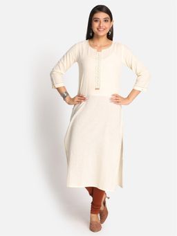 EARTHWEAR - Ivory Hand Embroidered Cotton Straight Cut Kurta