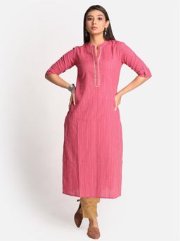 EARTHWEAR - Pink Hand Embroidered Straight Cut Kurta