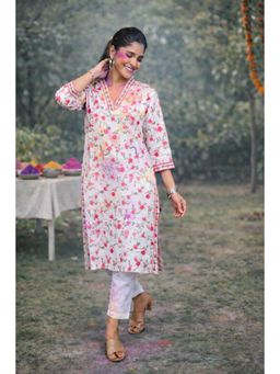 EARTHWEAR - White Floral Printed Cotton Straight Cut Kurta