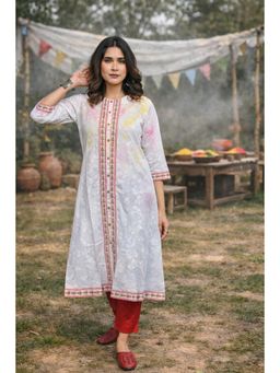 EARTHWEAR - White Floral Printed Cotton A-Line Front Open Kurta
