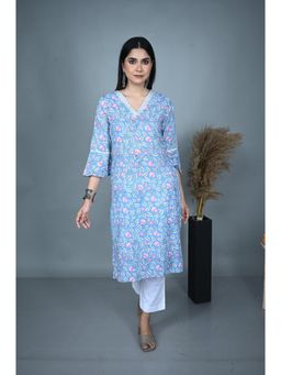 EARTHWEAR - Blue Hand Embroidered and Hand Block Printed Cotton V-Neck Kurta