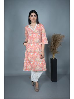 EARTHWEAR - Coral Hand Embroidered and Hand Block Printed Cotton V-Neck Kurta