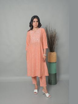 EARTHWEAR - Coral Floral Hand Embroidered A-Line Kurta