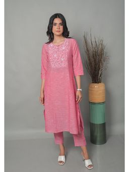 EARTHWEAR - Pink Floral Hand Embroidered A-Line Kurta