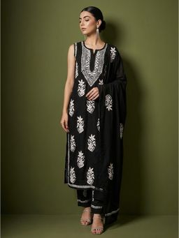 The Chikan Label - Black Ashvi Modal Chikankari Sleeveless Kurta with Pant and Dupatta