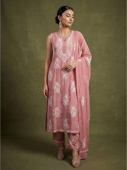 The Chikan Label - Pink Ashvi Modal Chikankari Sleeveless Kurta with Pant and Dupatta